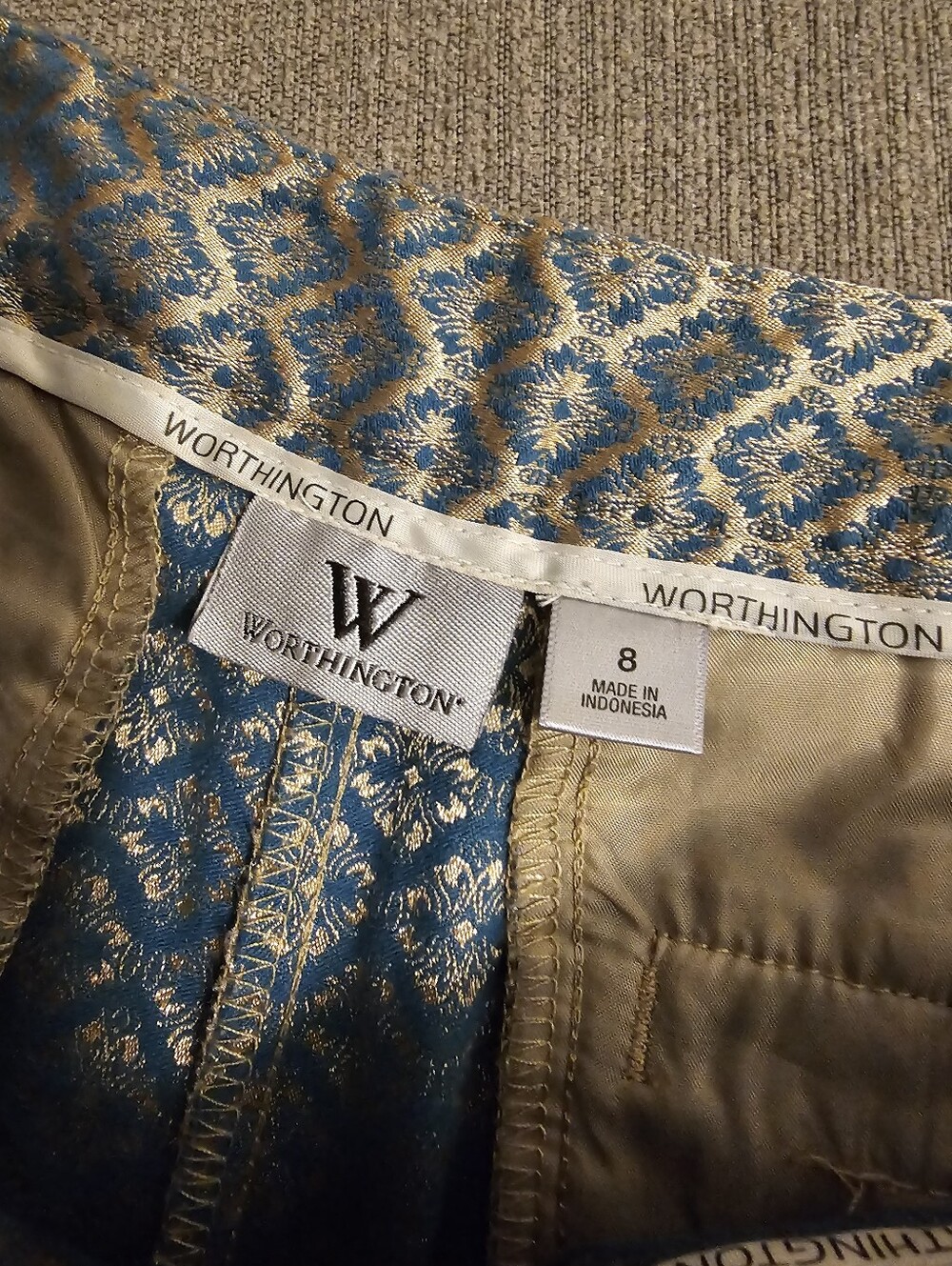 Worthington Teal Blue Cream Champagne Patterned Work Office Dress Pants Size 8 - Picture 5 of 7
